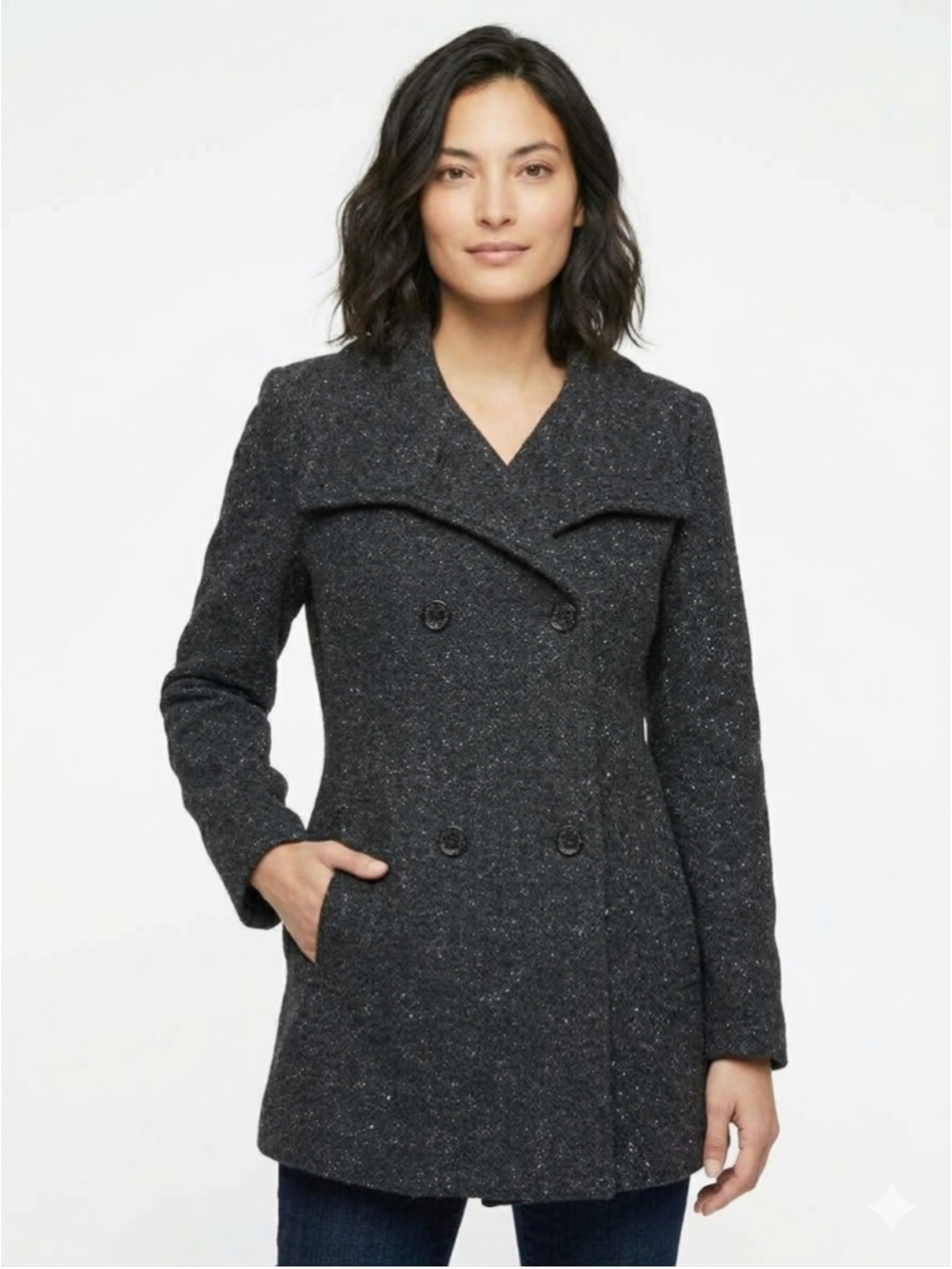 Calvin Klein Women’s Tweed Double Breasted Gray Pea Coat Jacket - Size 10